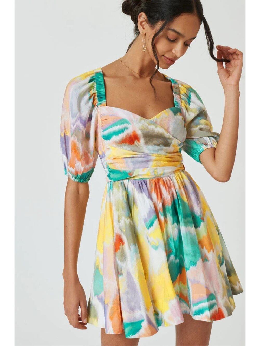 Anthropologie Swingy Rainbow Tie Dye Puff Sleeve Smocked Flirty Mini Dress Sz XS - Picture 1 of 9